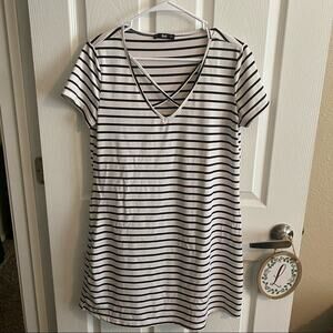 Shein Striped Mini Dress w/ Crisscross Neckline Women's Size Large Black & White